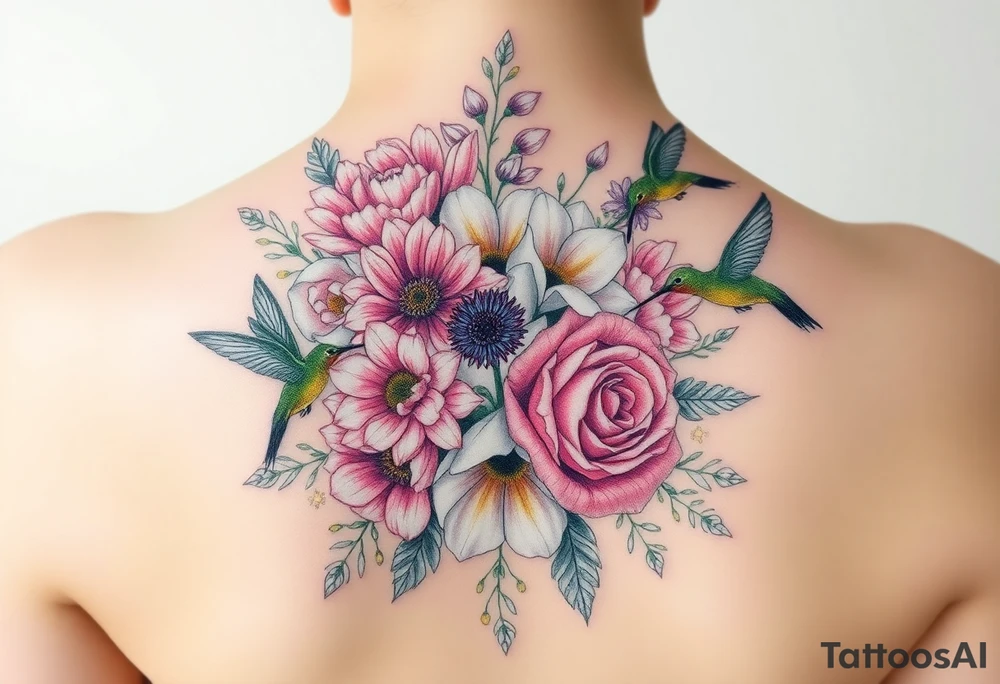 Bouquet of flowers With pastel carnation, Aster, rose, Lily, two Larkspur,  narciussus, And two hummingbirds. tattoo idea