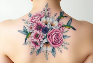 Bouquet of flowers With pastel carnation, Aster, rose, Lily, two Larkspur,  narciussus, And two hummingbirds. tattoo idea