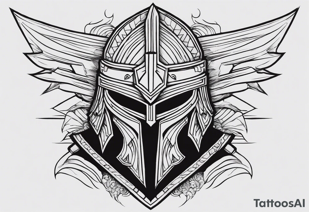 Create a Blackwork tattoo design featuring a warrior’s helmet with a bold, angular structure and a pointed crest. The helmet has two narrow, triangular eye slits. A prominent scar runs diagonally across the right eye slit, starting above the slit, cutting through its middle, and continuing below the lower edge. The scar should have slightly jagged edges with natural tapering, appearing as a healed cut on the metallic surface. The design should use thick, bold lines with no shading and focus on high contrast to create a clean and striking Blackwork tattoo tattoo idea