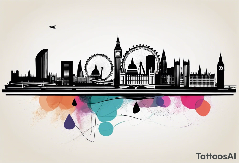 A minimalistic, abstract design capturing the architectural essence and vibe of London. Key elements of London’s skyline and structure are hinted at with clean lines, and subtle detailing includes personal touches, like a nod to Feid’s signature look (hat, glasses, mustache), integrated discreetly to honor a memorable concert experience. tattoo idea