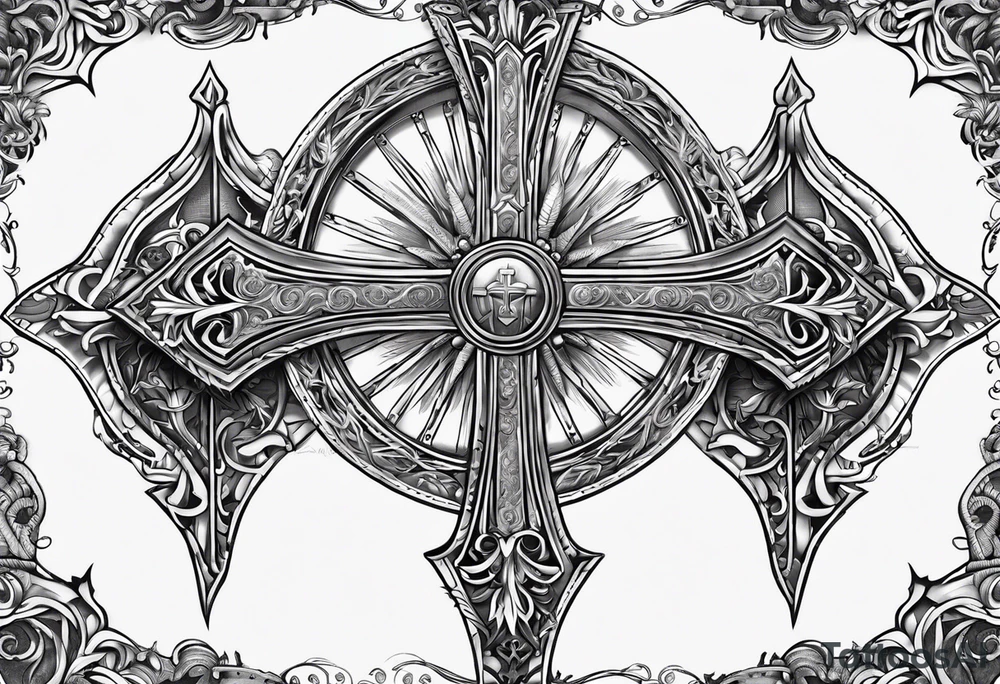 armor piece with a cross in the center and a sun on the side tattoo idea