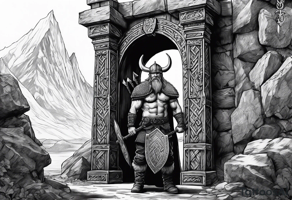 A Viking standing in front of the gate to the valhalla. tattoo idea