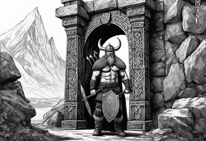 A Viking standing in front of the gate to the valhalla. tattoo idea