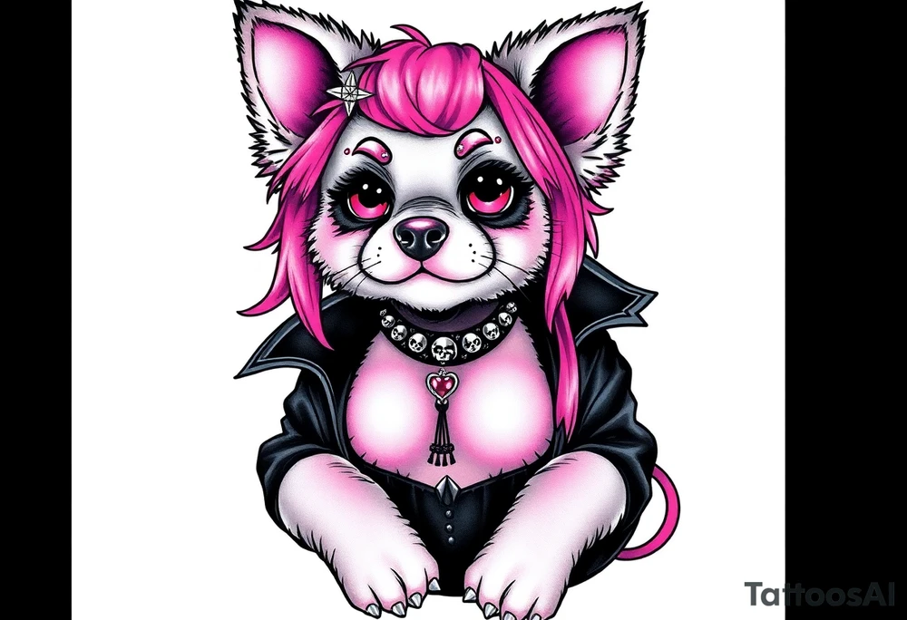 hot goth furry puppy girl with piercings on face and big boobs and big butt with black outfit on with pink hair tattoo idea