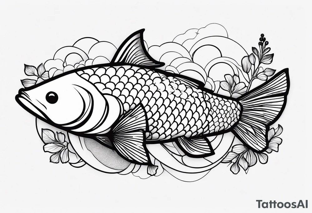 koi fish, little narrow body, elongated fins, trimmed with pearls, ginkgo leaves, minimalism desing, sketch technic, gradient lines theme tattoo idea