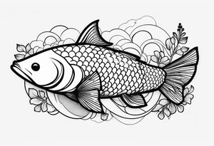 koi fish, little narrow body, elongated fins, trimmed with pearls, ginkgo leaves, minimalism desing, sketch technic, gradient lines theme tattoo idea