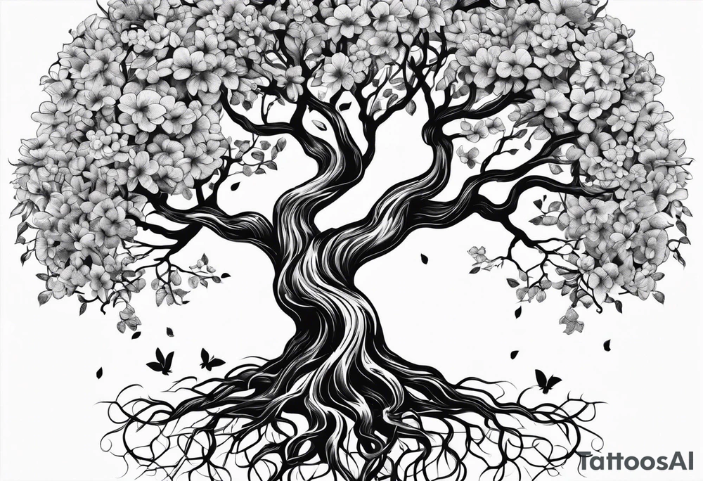 Tree roots and blossoming tree tattoo idea