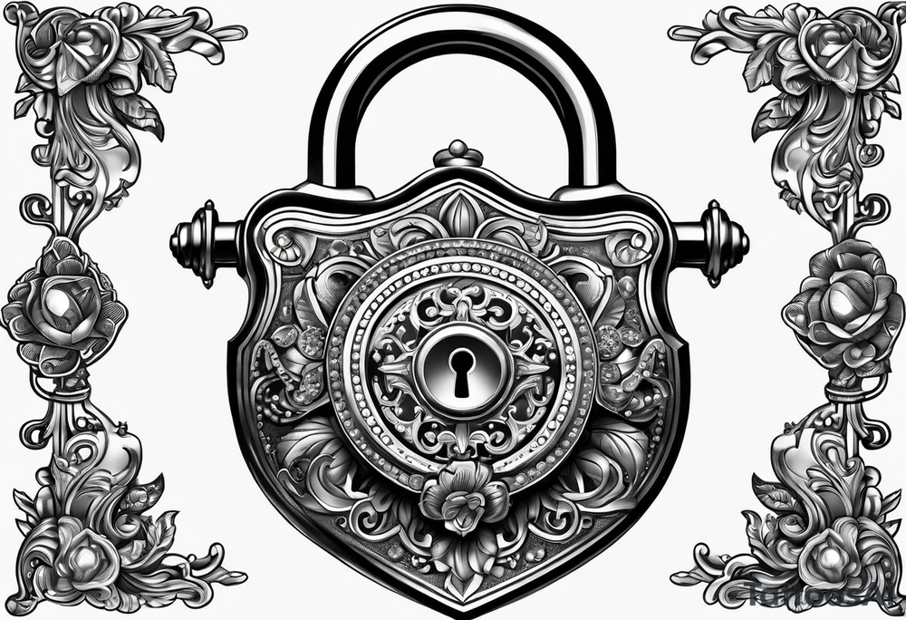 Antique lock sarounded by different jewels tattoo idea