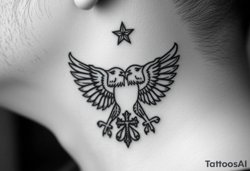 Double-headed eagle outline only (no shading) — suits neck skin which ages differently
Star above, small orthodox cross below tattoo idea