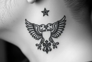 Double-headed eagle outline only (no shading) — suits neck skin which ages differently
Star above, small orthodox cross below tattoo idea