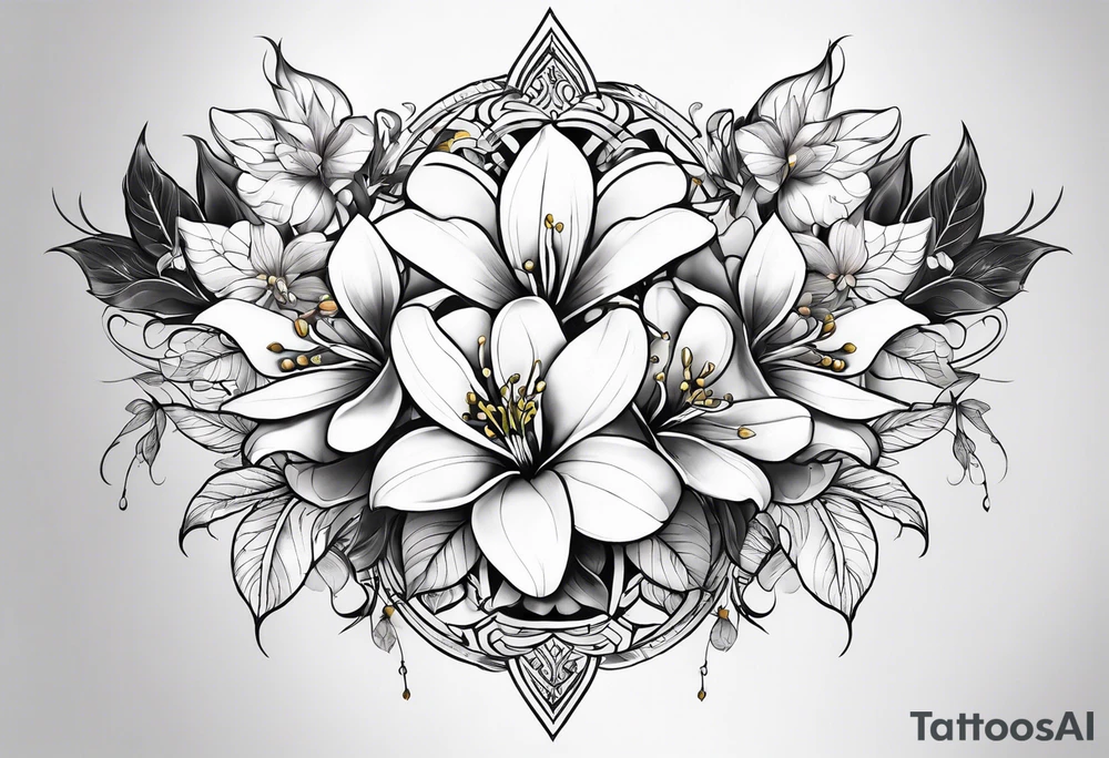 Shoulder and collarbone tattoo of a vibe of night-blooming Jasmine. The tattoo should have a spider tattoo idea