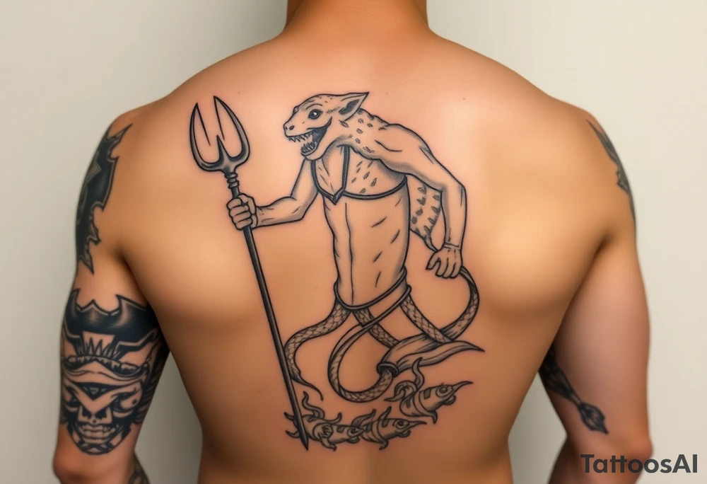 Shoulder and sleeve tattoo with a young poseidon showing torso with the trident and lower down sea creatures swirling around tattoo idea