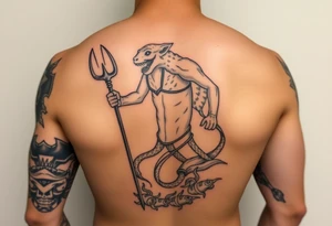 Shoulder and sleeve tattoo with a young poseidon showing torso with the trident and lower down sea creatures swirling around tattoo idea