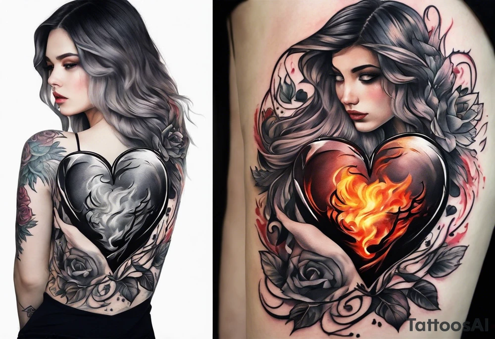 In thiele sfumato. A girl with an empty heart and a guy with a burning heart. They stand back to back tattoo idea
