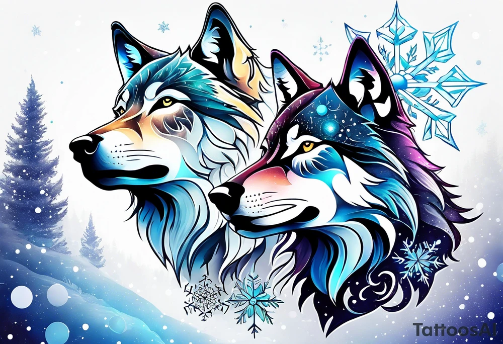 Constellation, two animal wolf, snowflake tattoo idea