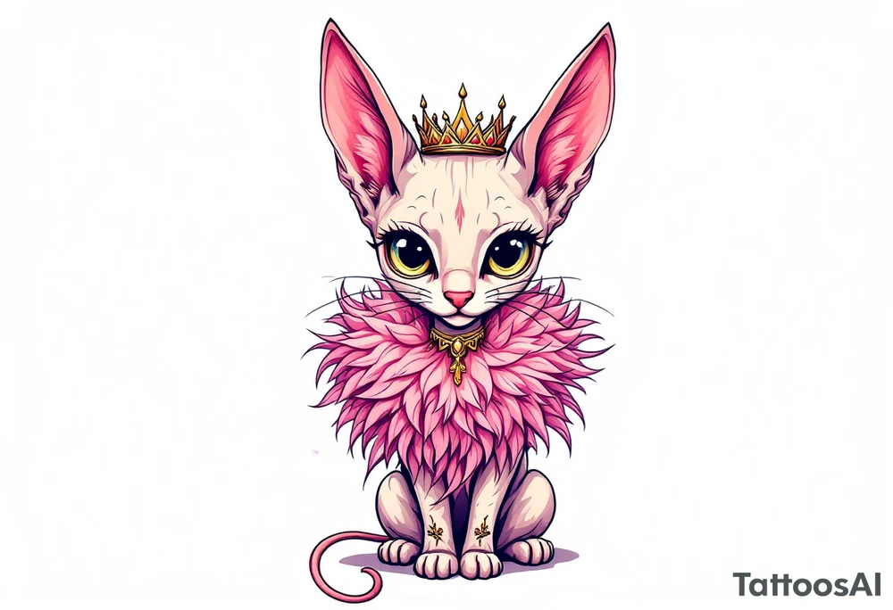 Chibi new school Glamorous sphinx cat with a pink feather boa and wearing a crown tattoo idea