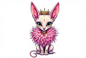 Chibi new school Glamorous sphinx cat with a pink feather boa and wearing a crown tattoo idea