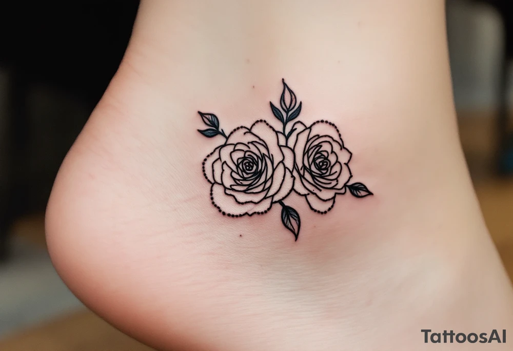 Dotted outline of cluster of roses, with no fill, resembling a hand-poked aesthetic, placed on the ankle. tattoo idea