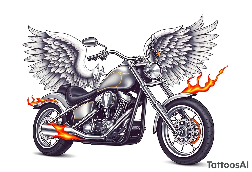 Low rider grey motorcycle, big muffler pipes with flames, angel wings, driving away, no person tattoo idea