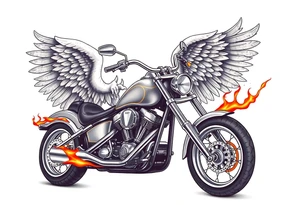 Low rider grey motorcycle, big muffler pipes with flames, angel wings, driving away, no person tattoo idea