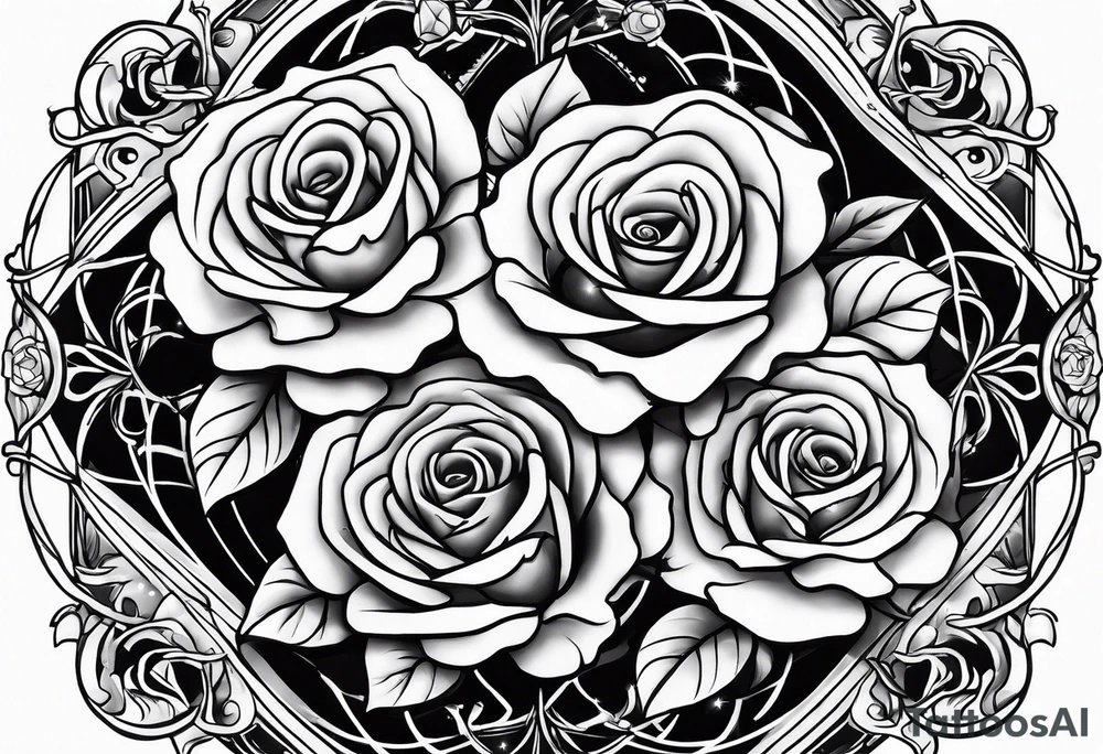 Tesseract with big roses and small stars tattoo idea