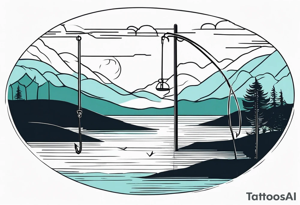 landscape and fishingpole and line with hook tattoo idea