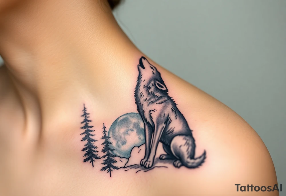 lone wolf howling at full moon with northern lights backdrop tattoo idea