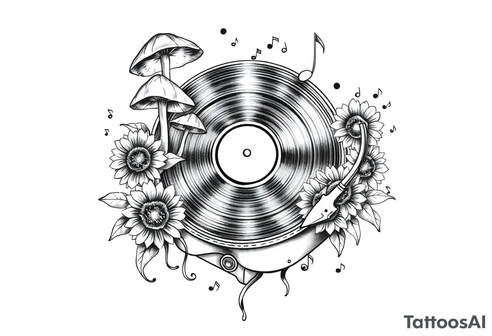 vinyl record player with mushrooms, sunflowers, and music notes around it tattoo idea
