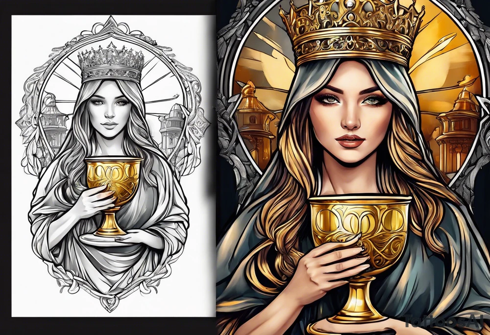 woman saint holding chalice surrounded by golden halo tattoo idea