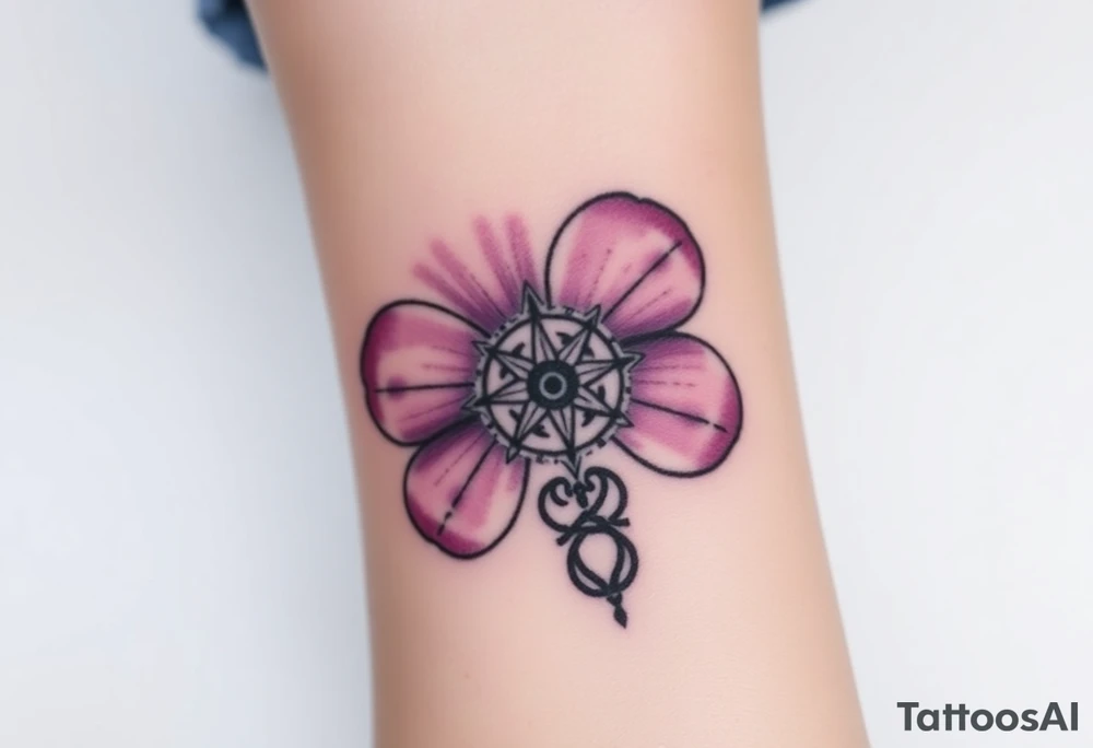 A single Violet with detailed compass at its center representing feminine power including an ankh and Celtic knot tattoo idea