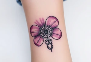 A single Violet with detailed compass at its center representing feminine power including an ankh and Celtic knot tattoo idea