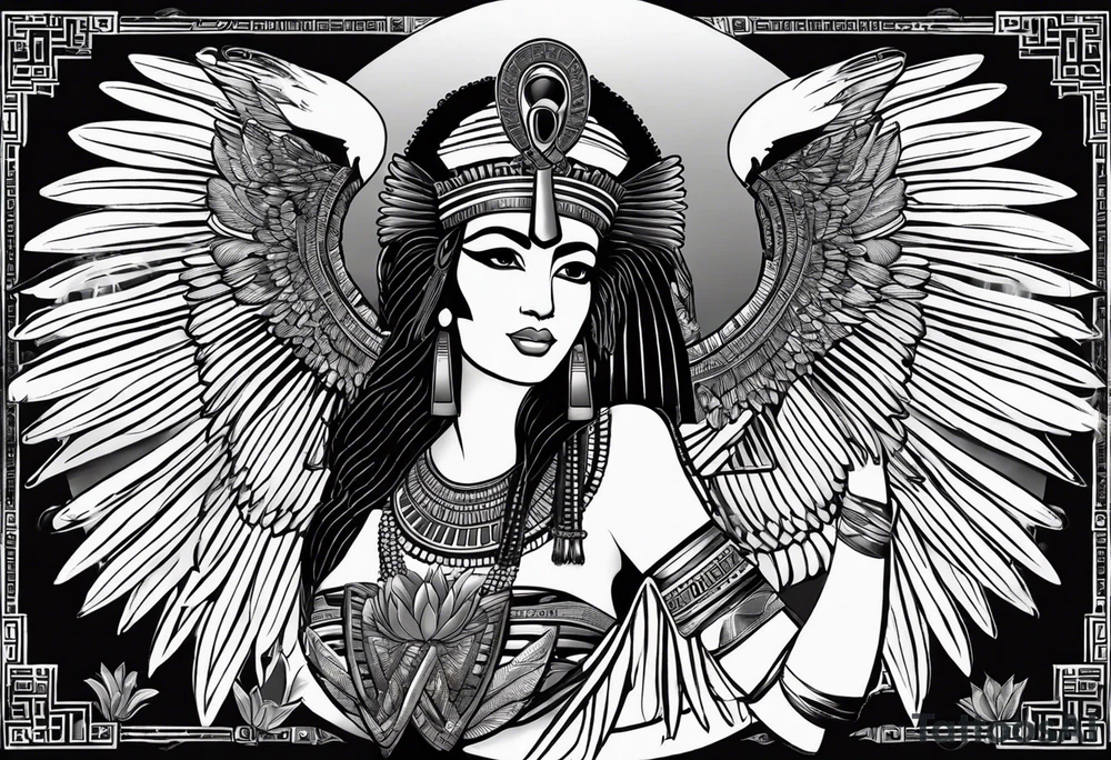 black and white Egyptian goddess Isis, who is often depicted as a woman with outstretched wings, holding an ankh (a symbol of life) in one hand and a lotus flower in the other. Her headdress often includes a throne or a solar disk. The tattoo design can vary in style and size, but it typically aims to capture the essence of this revered Egyptian deity, emphasizing her beauty, power, and maternal qualities. The choice of colors and additional elements can also be customized to create a unique and visually striking representation of the goddess Isis tattoo idea