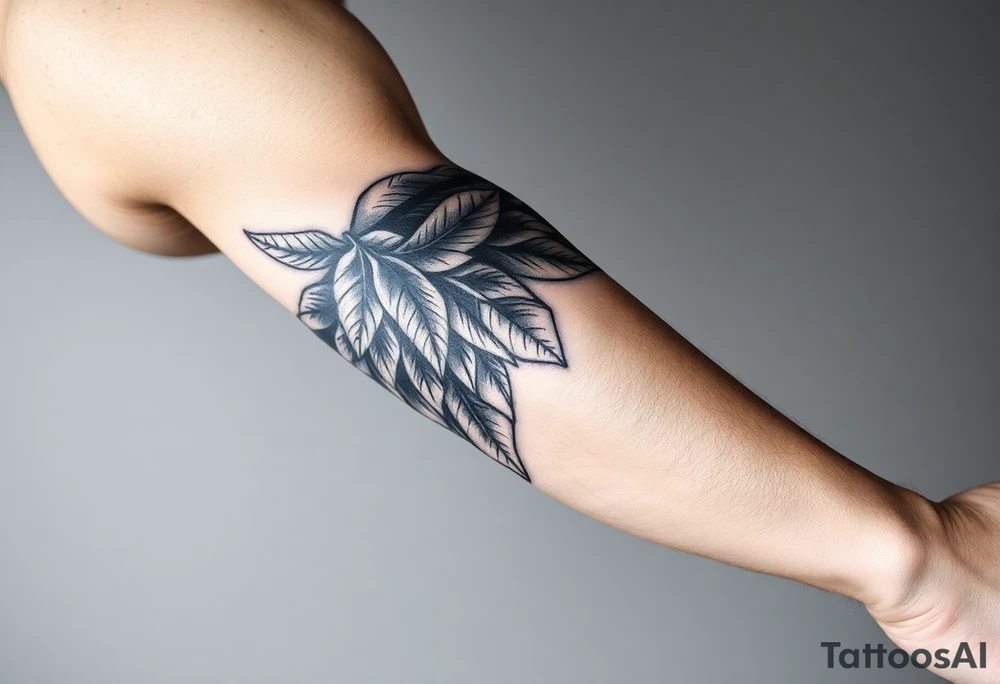 Forearm sleeve tattoo including details of a few jungle leafs,Bold and powerful Puerto Rican tribal theme, wing with 100 dollar patterns in it tattoo idea