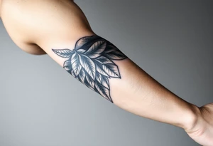 Forearm sleeve tattoo including details of a few jungle leafs,Bold and powerful Puerto Rican tribal theme, wing with 100 dollar patterns in it tattoo idea