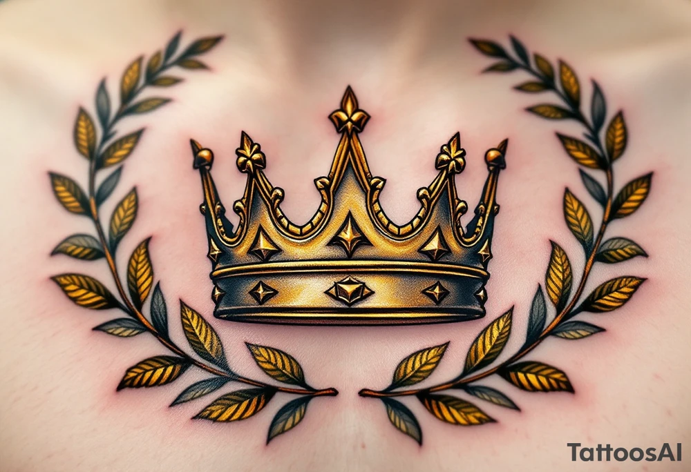 Realistic crown tattoos with metallic gold tones, surrounded by laurel leaves in muted olive green. tattoo idea