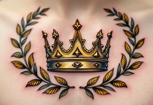 Realistic crown tattoos with metallic gold tones, surrounded by laurel leaves in muted olive green. tattoo idea