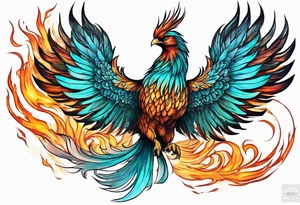 Proud Strong phoenix with turquoise ends of flames of wings tattoo idea