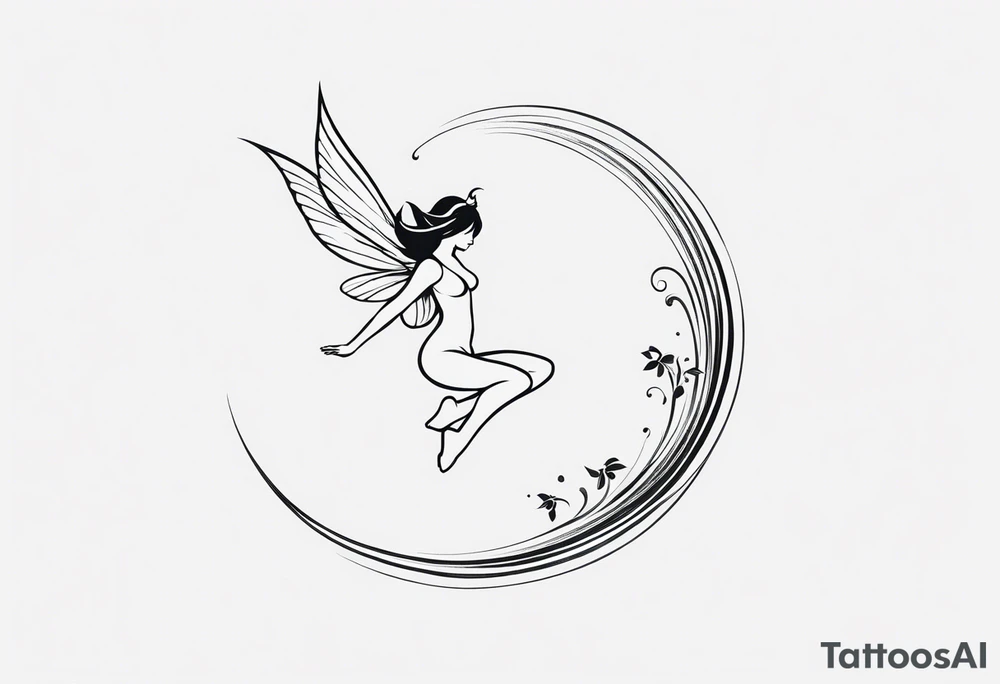 Minimalistic, monochromatic fairy with a tail flying to the left in a fetal position, leaning and looking in the same direction, with visible hands, embodying the 'Fairy Tail' logo aesthetic. tattoo idea