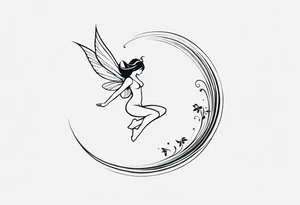 Minimalistic, monochromatic fairy with a tail flying to the left in a fetal position, leaning and looking in the same direction, with visible hands, embodying the 'Fairy Tail' logo aesthetic. tattoo idea