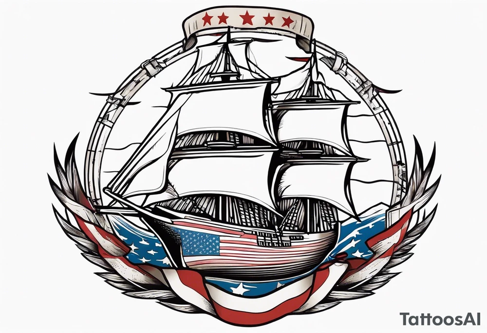 eagle flying in front of ship holding American flag in beak tattoo idea