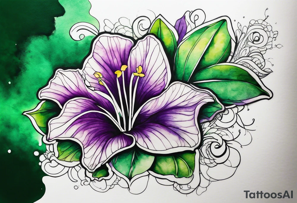 A mystical outline of a green and purple rio dipladenia flower and a green and purple watercolor splash in the background tattoo idea
