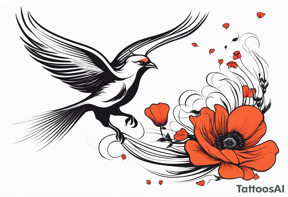 elongated phoenix in flight
in profile long tail with claws holding poppies falling tattoo idea