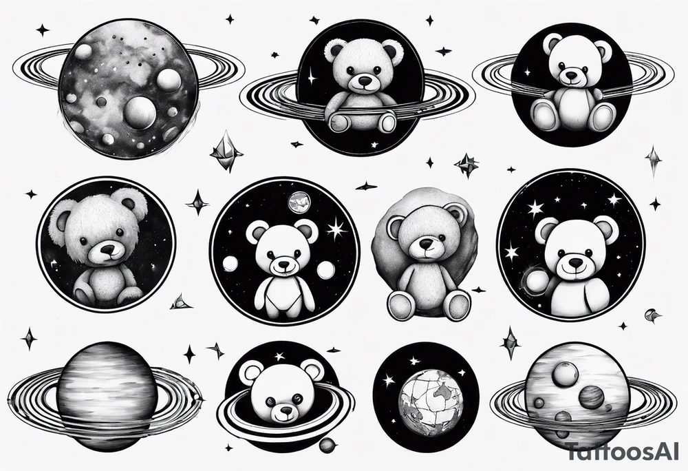 Teddy bear planets tattoo idea