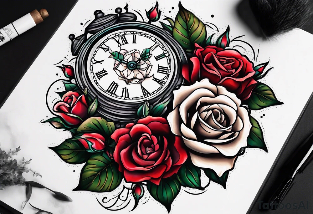 Skeleton with roses with clock tattoo tattoo idea