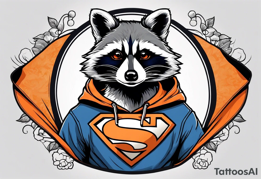 Raccoon wearing an orange Superman hoodie tattoo idea