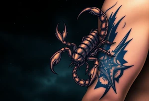 fierce scorpio emerging through the sky at night with dark skies with stars with. this saying The wound is the place where the Light enters you. tattoo idea