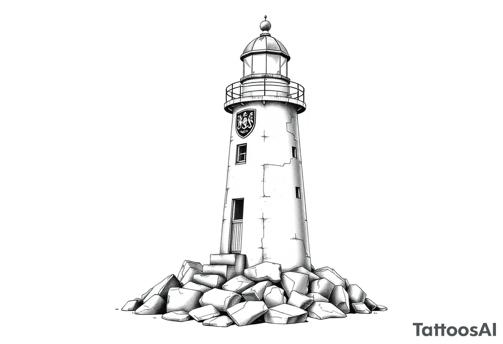 a whole lighthouse with a coat of arms incorporated into the roof without stones on the ground tattoo idea