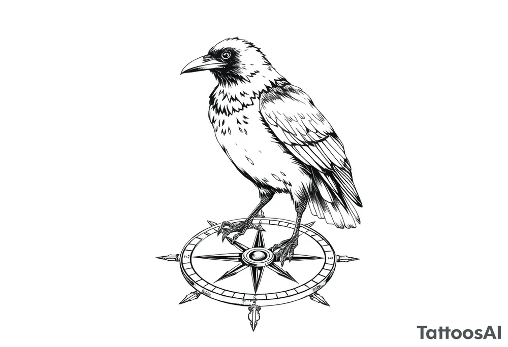 a raven stands on a compass. tattoo idea