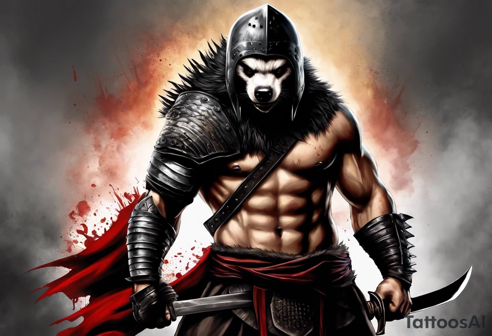 Draw me psychopath Honey Badger/Berserker with aggressive full body, killer face with a scary smile, very long nails and he attacks like a Bloody Assassin/Warrior/Gladiator to us and also, he has very deadly looking. He fights with his nails. Everybody scares after their first sight. Give me horror type Badger Tattoo. I want to see his Realistic full body. tattoo idea