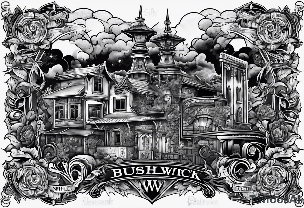 Scrolls that say “BUSHWICK” “ Darkside” “A.O.” tattoo idea